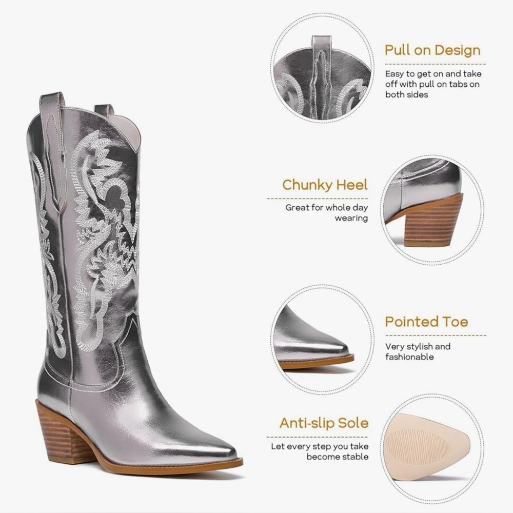 Women's Metallic Mid Calf Cowboy Boots - Picture 3 of 7